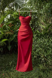 Sexy Mermaid Straps Satin Red Long Prom Dress HZ1024