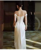 Vintage A line Off The Shoulder White Long Satin Wedding Dresses HZ1024