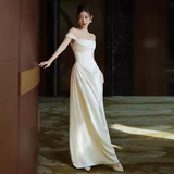 Vintage A line Off The Shoulder White Long Satin Wedding Dresses HZ1024