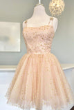 Straps Pink A-Line Tulle Homecoming Dress With Gold Stars HZ1024