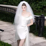 Vintage High Low Off The Shoulder White Satin Wedding Dresses HZ1024