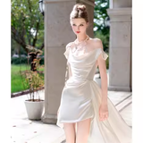 Vintage High Low Off The Shoulder White Satin Wedding Dresses HZ1024