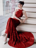 Modest Mermaid Halter Red Sequin Long Prom Dresses HZ1024