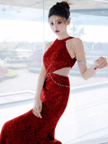 Modest Mermaid Halter Red Sequin Long Prom Dresses HZ1024