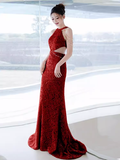 Modest Mermaid Halter Red Sequin Long Prom Dresses HZ1024