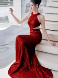 Modest Mermaid Halter Red Sequin Long Prom Dresses HZ1024