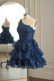 Dark Navy One Shoulder Appliques Multi-Layers Tulle Homecoming Dress HZ1024