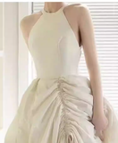 Vintage Ball Gown Scoop Neckline White Satin Wedding Dresses HZ1024