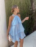 A Line Light Sky Blue Chiffon Tiered Homecoming Dress 18th Birthday Outfit HZ1024