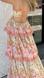 Cute A Line Spaghetti Straps Floral Pink Backless Long Prom Dress HZ1024