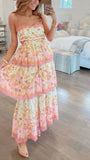 Cute A Line Spaghetti Straps Floral Pink Backless Long Prom Dress HZ1024