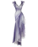 Sexy Mermaid Spaghetti Straps Tulle Grape And White Long Prom Dress HZ1024