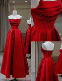A line Strapless Red Satin Sleeveless Long Prom Dress HZ1024