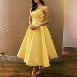 Ball Gown Strapless Satin Yellow Ankle Length Homecoming Dress Birthday Dresses HZ1024