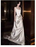 Vintage Sheath Sleeveless White Satin Wedding Dresses HZ1024