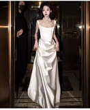 Vintage Sheath Sleeveless White Satin Wedding Dresses HZ1024