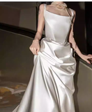 Vintage Sheath Sleeveless White Satin Wedding Dresses HZ1024