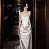 Vintage Sheath Sleeveless White Satin Wedding Dresses HZ1024