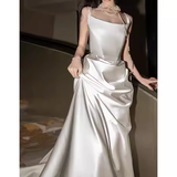 Vintage Sheath Sleeveless White Satin Wedding Dresses HZ1024