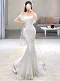 Fairytale Mermaid Off The Shoulder Long Sequin White Wedding Dresses HZ1024