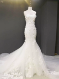 Fairytale Mermaid Strapless Lace White Floral Wedding Dresses HZ1024