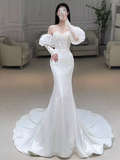 Fairytale Mermaid Strapless Lace White Long Wedding Dresses HZ1024