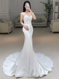 Fairytale Mermaid Strapless Lace White Long Wedding Dresses HZ1024