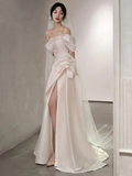 Fairytale Mermaid Short Sleeves White Off The Shoulder Slit Wedding Dress HZ1024