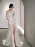 Fairytale Mermaid Short Sleeves White Off The Shoulder Slit Wedding Dress HZ1024