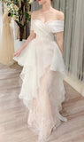 Fairytale Mermaid Off The Shoulder Lace Short Sleeves Long Wedding Dress HZ1024