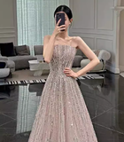 Sexy A Line Strapless Sleeveless Sequin Long Prom Dress HZ1024