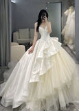 Luxury Ball Gown Spaghetti Straps White Long Satin Wedding Dresses Brides Gown HZ1024