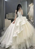 Luxury Ball Gown Spaghetti Straps White Long Satin Wedding Dresses Brides Gown HZ1024