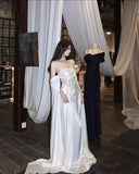 Fairytale A line Off The Shoulder Satin White Long Wedding Dress HZ1024