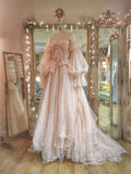 Fairytale A line Off The Shoulder Long Sleeves Pink Tulle Wedding Dress HZ1024