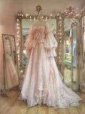 Fairytale A line Off The Shoulder Long Sleeves Pink Tulle Wedding Dress HZ1024