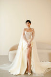 Fairytale Sheath Strapless Long Sleeves White Tulle Wedding Dress With Gloves HZ1024