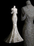 Fairytale Mermaid High Neckline Sequin Silver Wedding Dress With Beads HZ1024