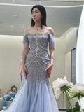 Elegant Mermaid Off The Shoulder Blue Tulle Prom Dresses HZ1024