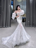Fairytale Mermaid Strapless Lace White Wedding Dress With Sleeves HZ1024