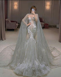 Fairytale Mermaid Sweetheart Lace Sequin Long Wedding Dress With Cape HZ1024