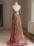 Sexy A Line Straps Neckline Long Sleeves Sequin Long Prom Dress HZ1024