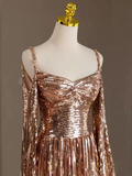 Sexy A Line Straps Neckline Long Sleeves Sequin Long Prom Dress HZ1024