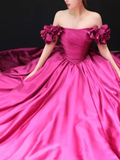 Sexy Ball Gown Off The Shoulder Cap Sleeves Satin Long Prom Dress HZ1024