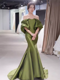 Sexy Mermaid Off The Shoulder Short Sleeves Green Long Prom Dress HZ1024
