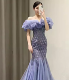 Sexy Mermaid Off The Shoulder Short Sleeves Blue Long Prom Dress HZ1024