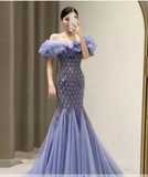 Sexy Mermaid Off The Shoulder Short Sleeves Blue Long Prom Dress HZ1024