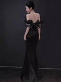 Modest Mermaid Straps Black Satin Long Prom Dresses HZ1024