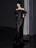Modest Mermaid Straps Black Satin Long Prom Dresses HZ1024