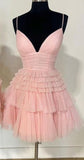 Straps V-neck Sparkly Tulle Homecoming Dress With Tiered Ruffle Skirt and Ruched Bodice Birthday Outfits HZ1024